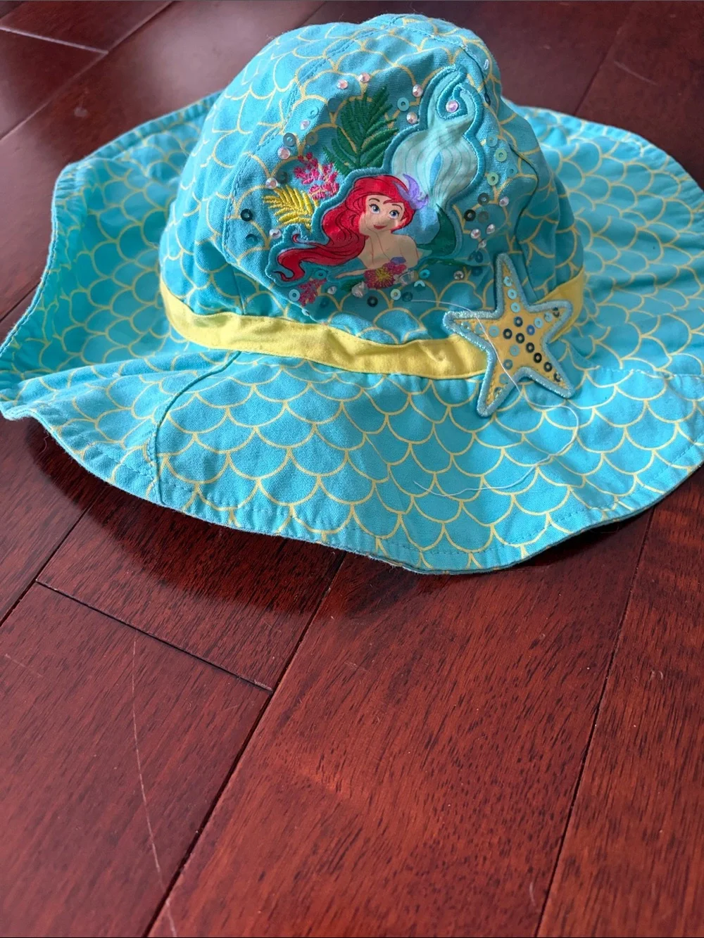 Disney Little Girls Blue Ariel Mermaid Sun Hat with Yellow Trim