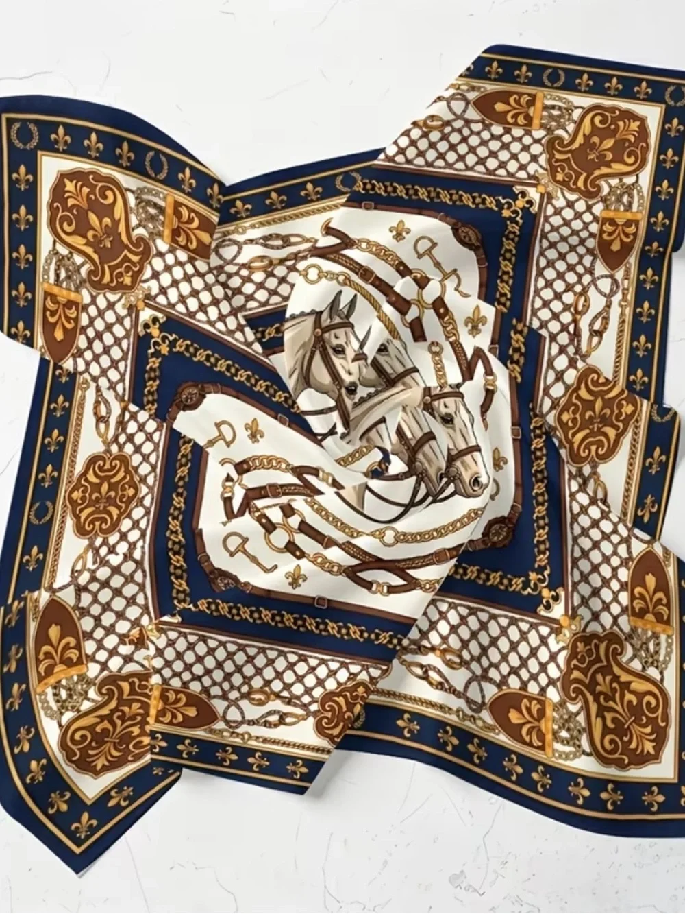 Decorative Horse-Print Scarf in Navy and Gold
