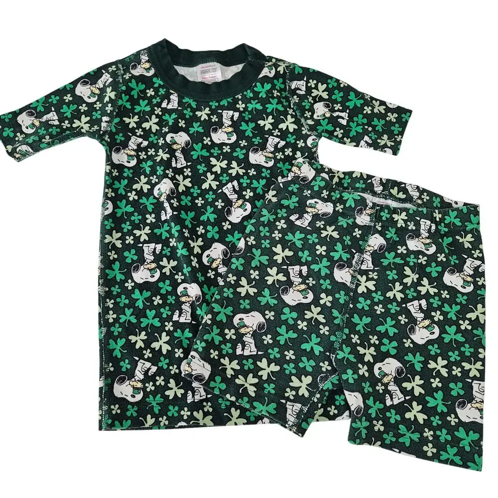 Hanna Andersson Peanuts Short‎ Pajama Set 120 6-7 Green Snoopy St. Patricks Day