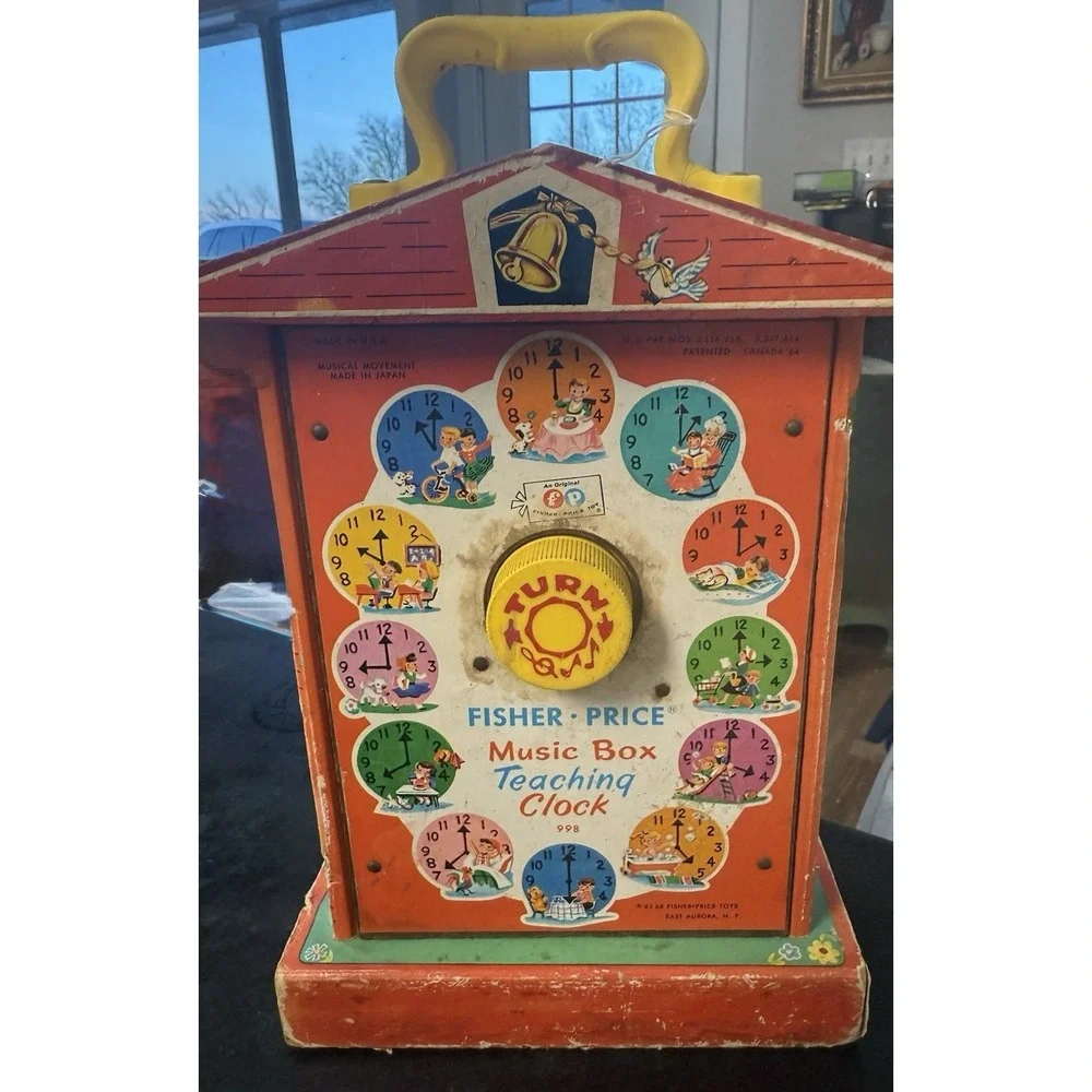 Vintage Fisher Price Music Box Teaching Clock 998‎ Works Wood Toy 1960s -video