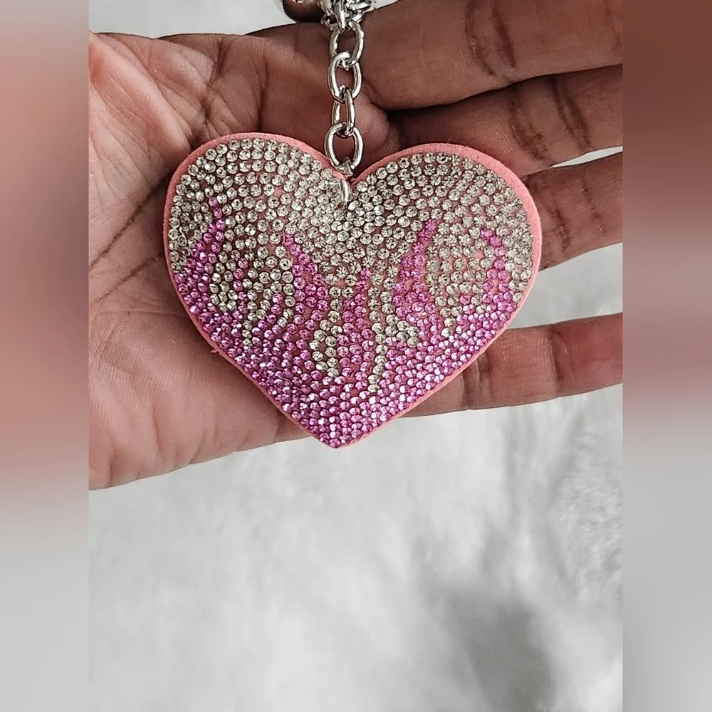 Pink and Silver Flaming Heart Rhinestone Keychain Bag Charm