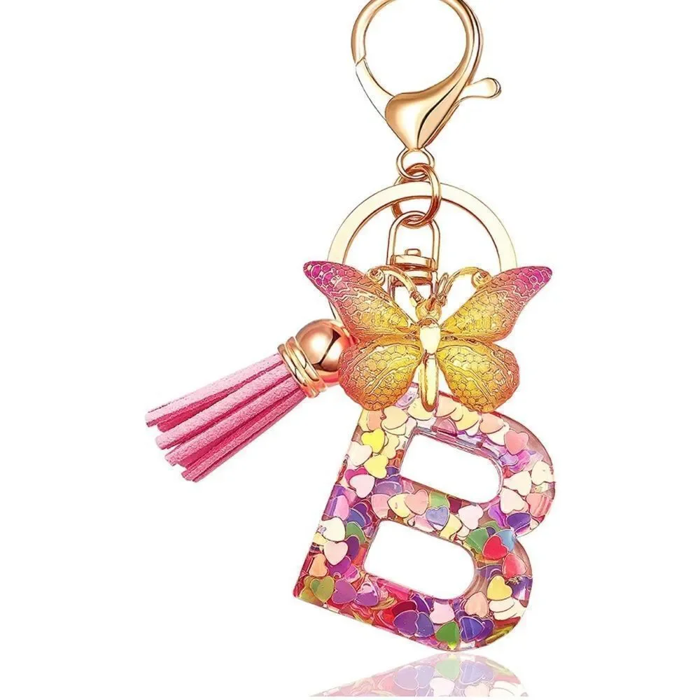 Pink Initials Heart Tassel Keychain