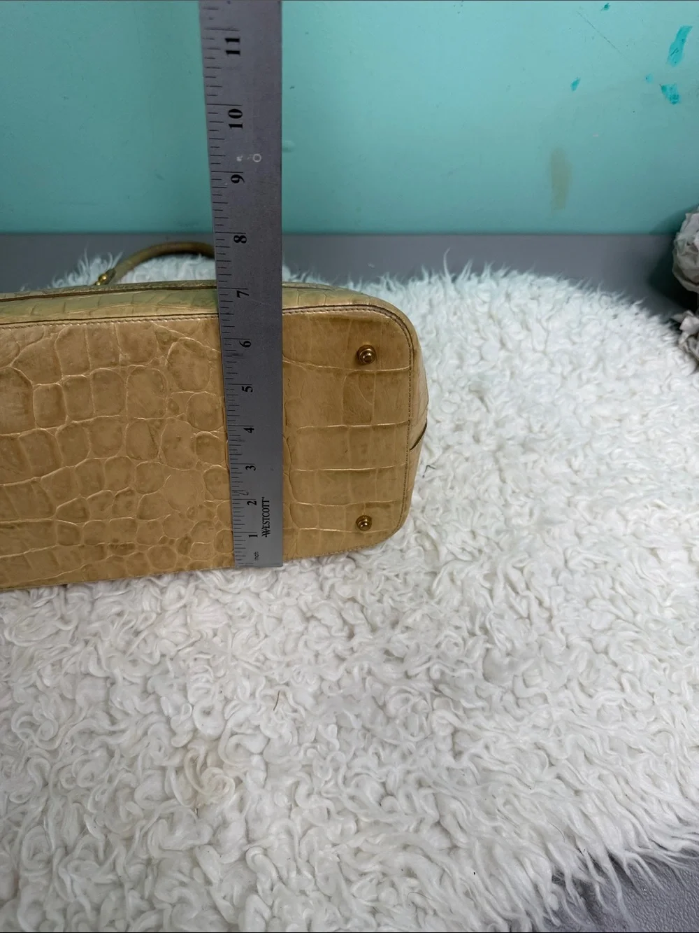 Brahmin Dome Classic Croc-Embossed Dome Satchel in Cream and Tan,NO LONG STRAP