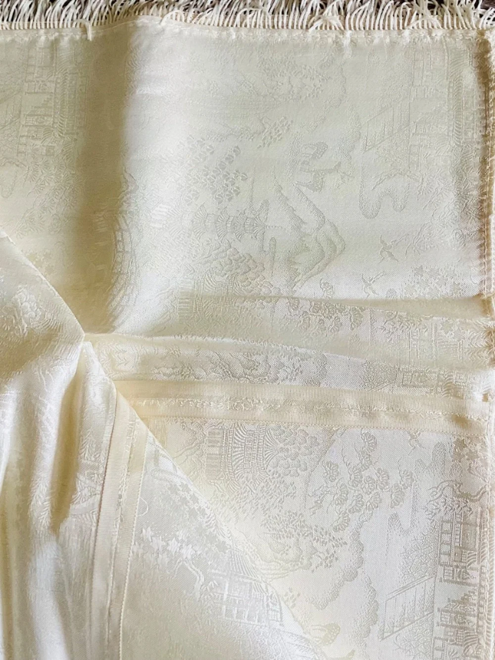 Vintage MCM Asian Scene Damask Brocade Tablecloth 8 Matching Napkins Set Fringe