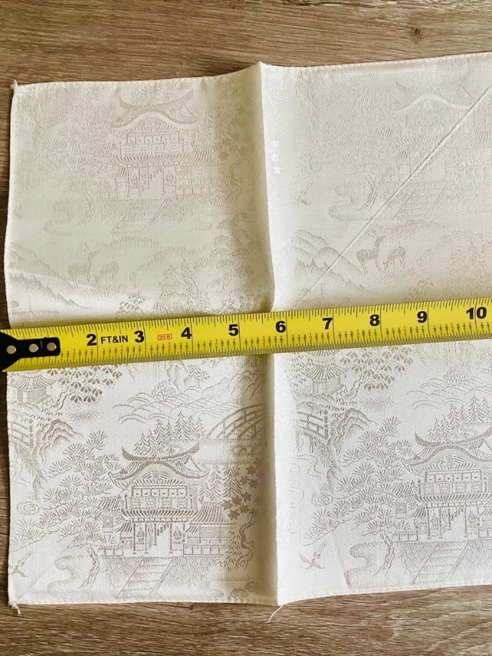 Vintage MCM Asian Scene Damask Brocade Tablecloth 8 Matching Napkins Set Fringe