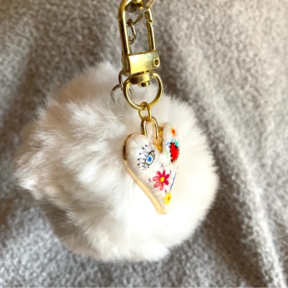 🎅🏻 SALE! White Fuzzy ball with heart charm bag charm Or key chain brand new