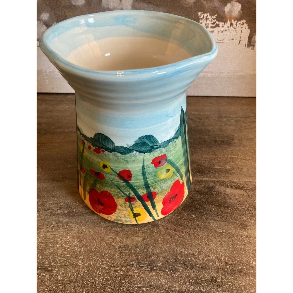 Handcrafted Tuscany Italy Ceramic Vase Hand Painted Villa Poppy Landscape 7.5in