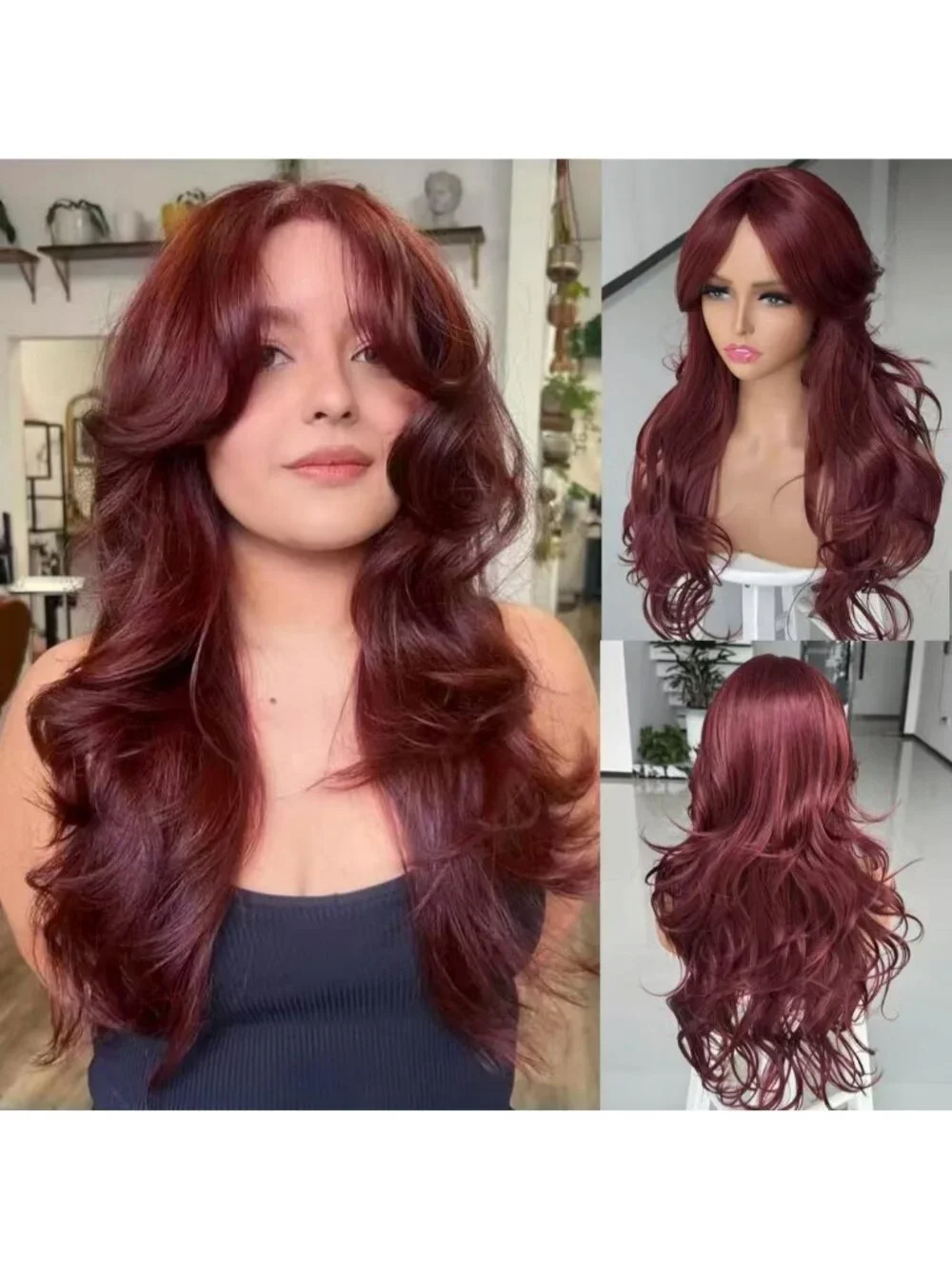 Women's Burgundy Long Blonde Wavy Synthetic Platinum Layered Classic Wigs