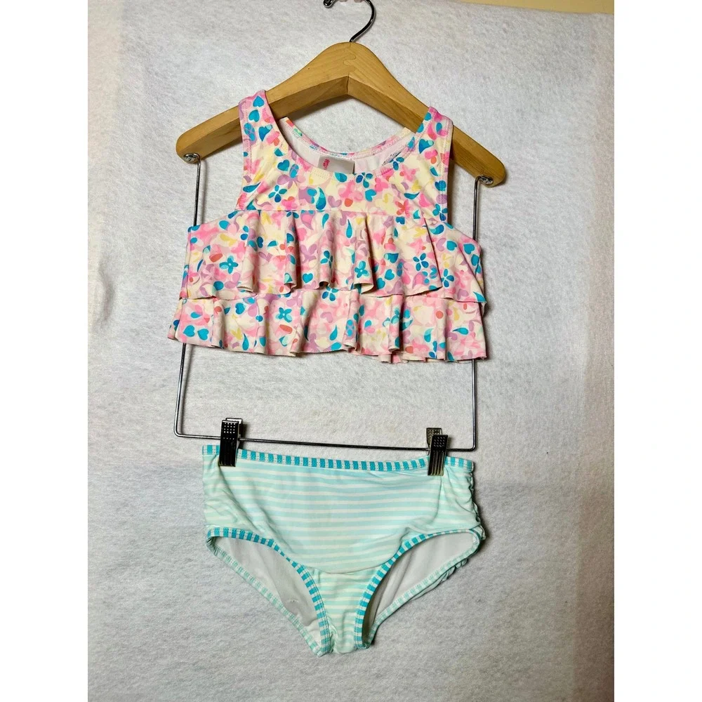 RuffleButts Girls Floral Ruffle Tankini Striped 2 Piece Swimsuit Set Size 7