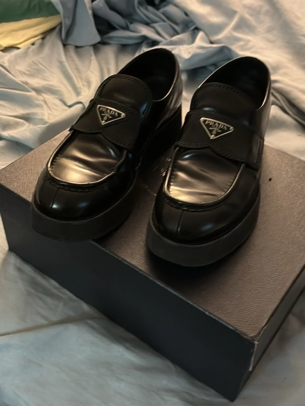 Prada Black Leather Platform Penny Loafers with Triangle Logo
