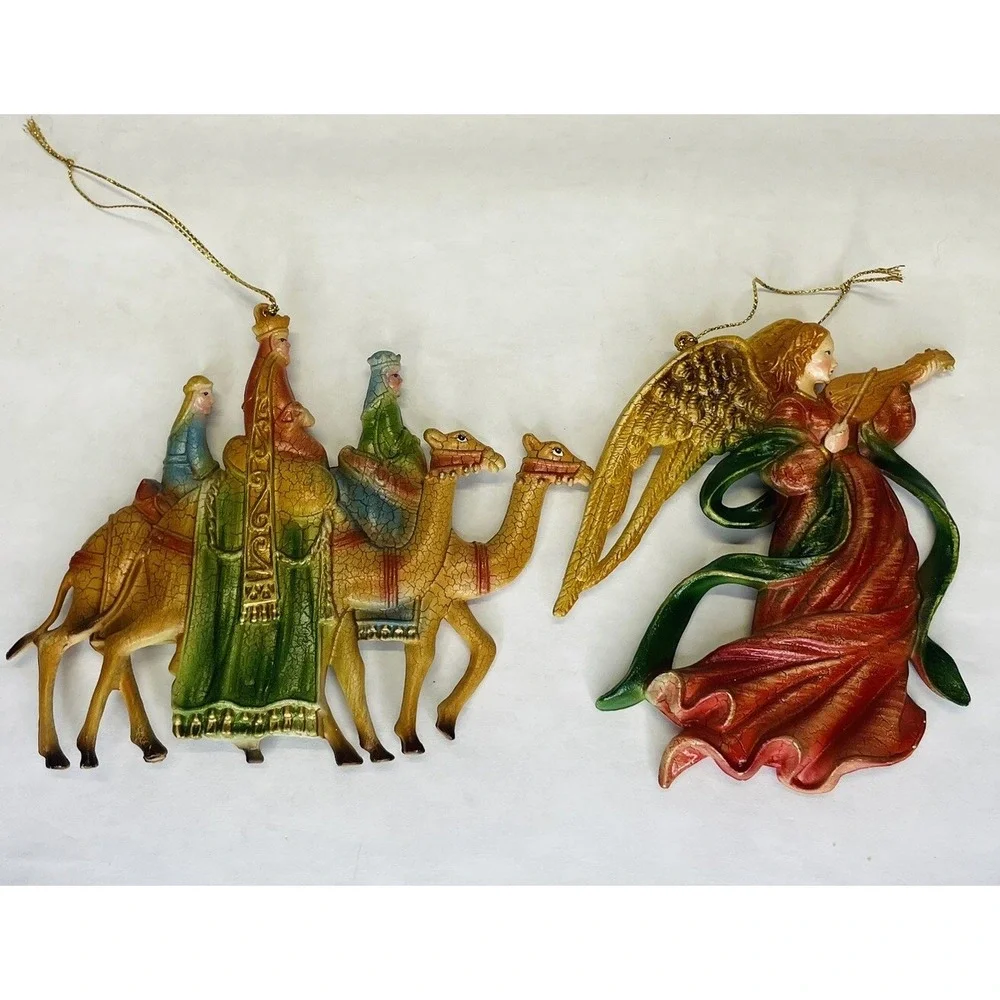 Vintage Christmas Hard Plastic Ornaments 3 Wise Men On Camels Nativity & Angle‎