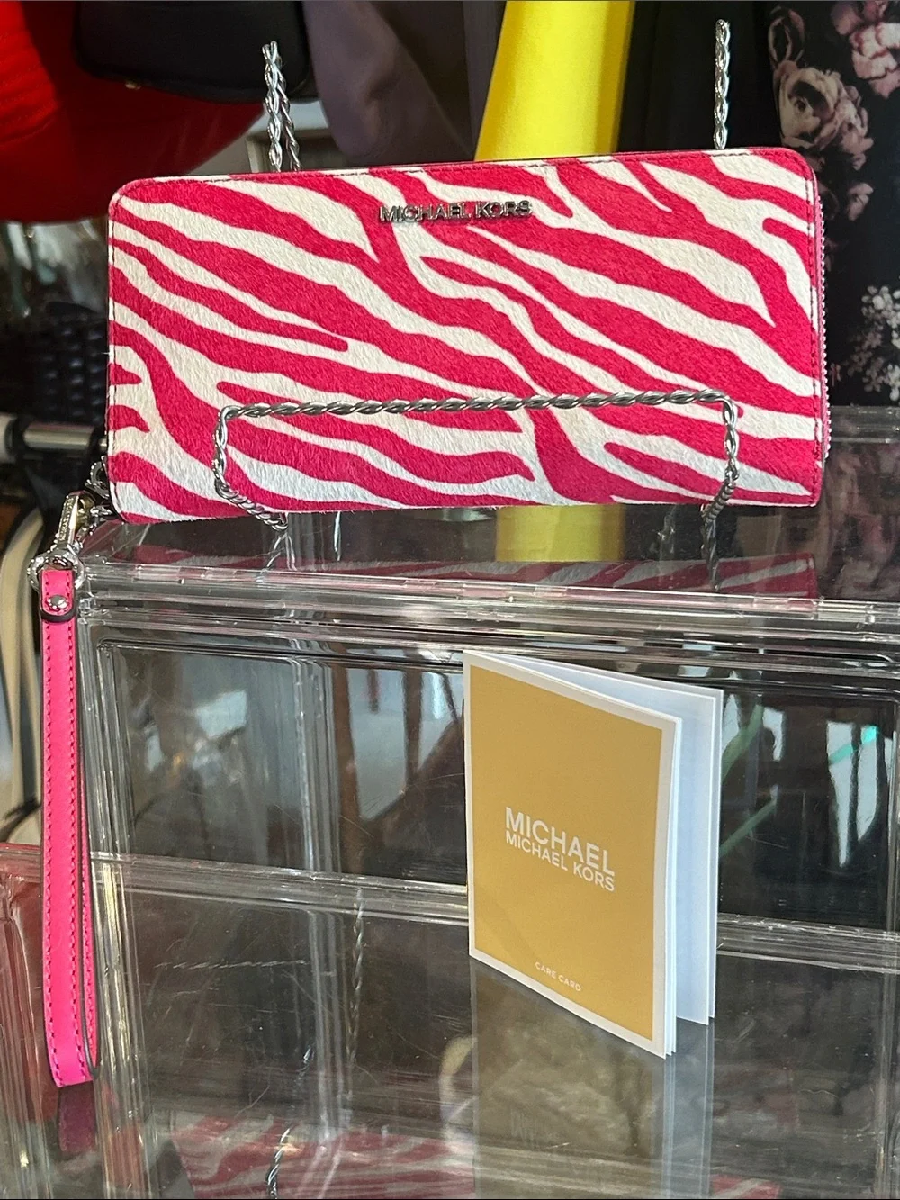 Michael Kors Dragon Fruit Zebra-Print Calf-Hair Leather Wristlet 8.5”x 4” NWT