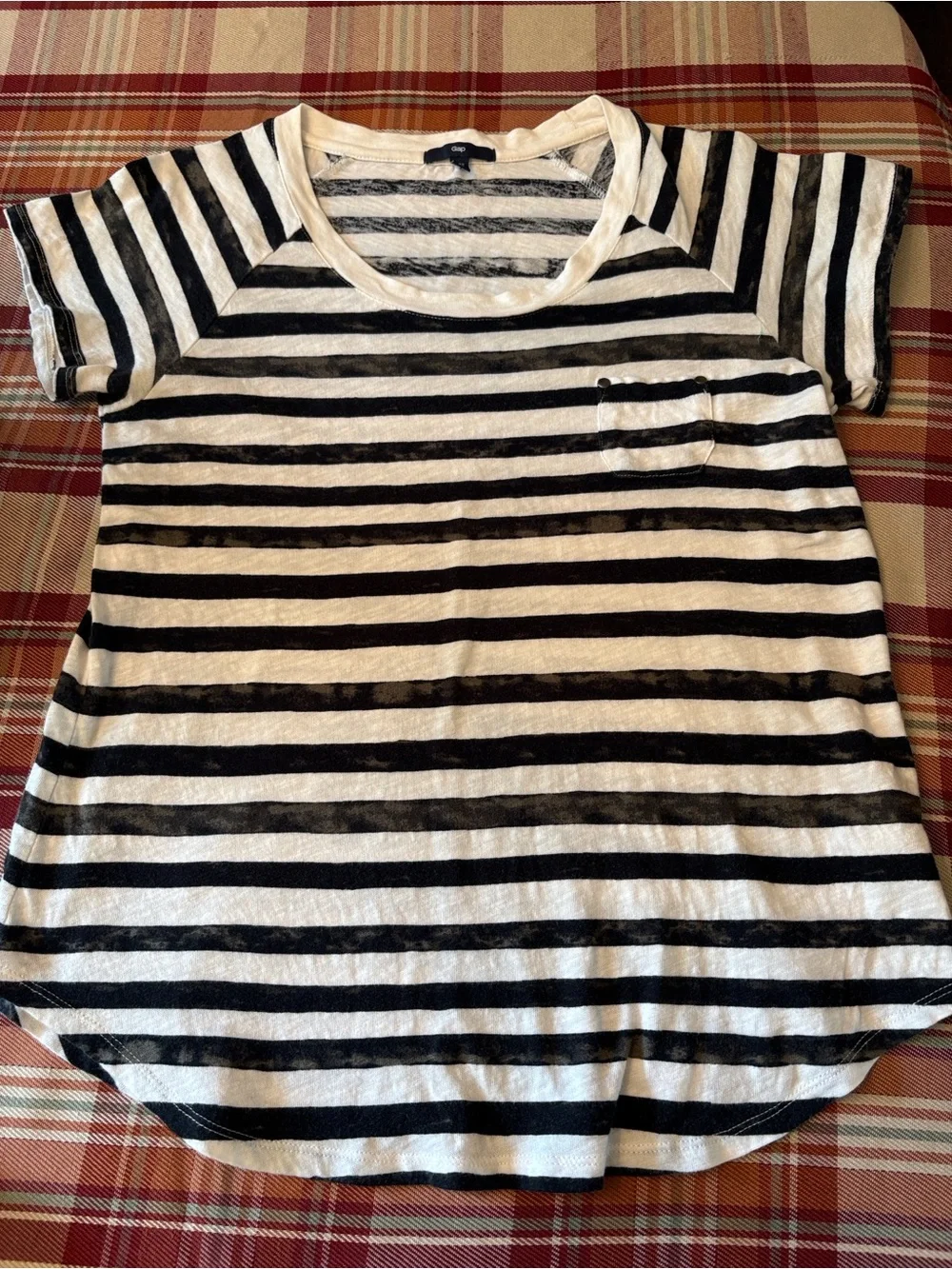 Old Navy Black and White Striped Short Sleeve Tee with Pocket
