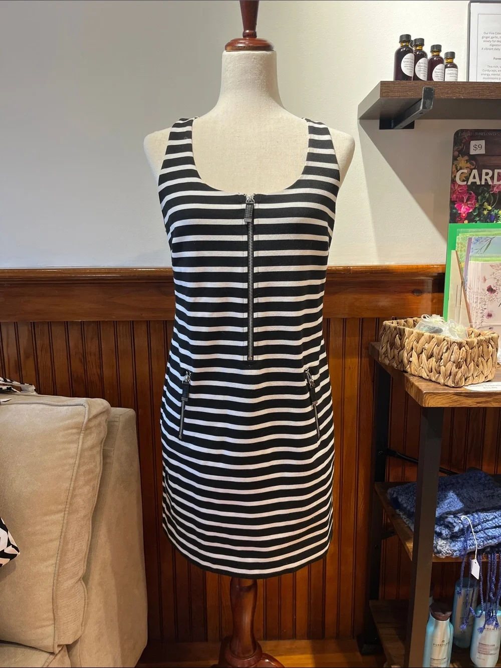 Michael Kors Black and White Striped Zip-Front Tank Midi Dress