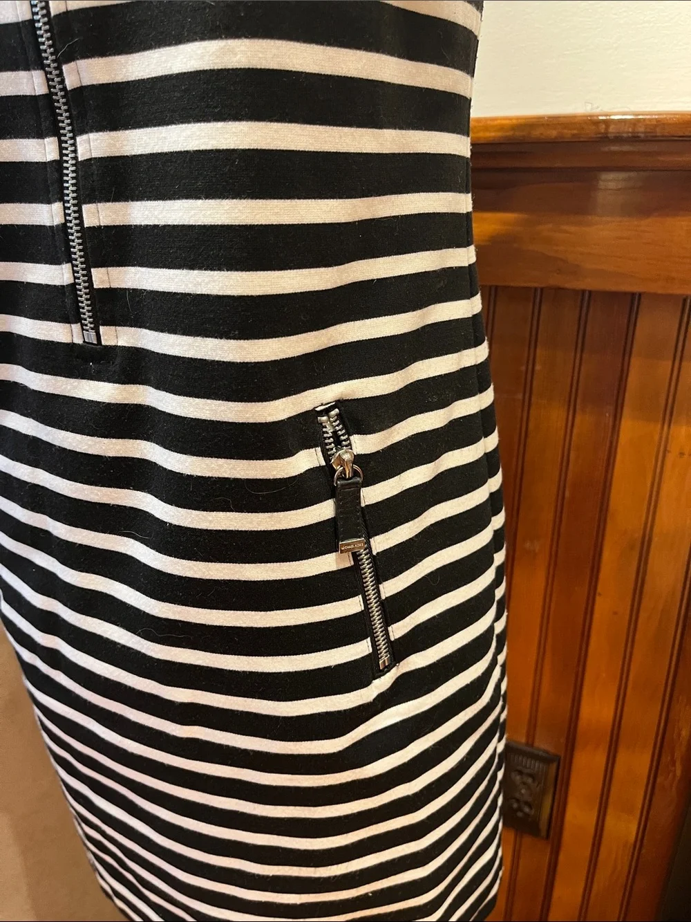 Michael Kors Black and White Striped Zip-Front Tank Midi Dress