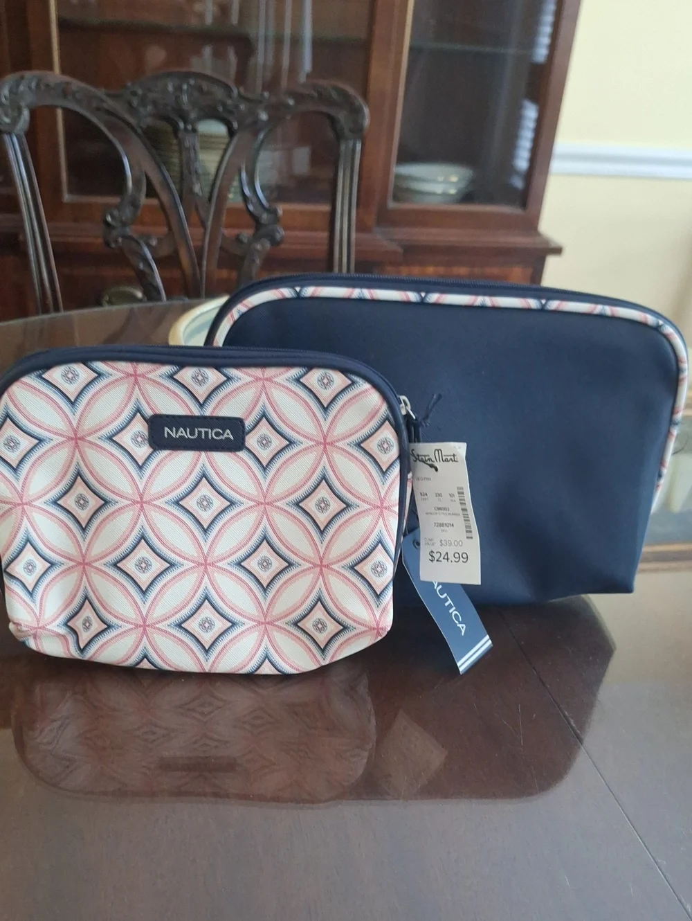 Nautica Navy & Pink/Blue Two Piece Patterned Cosmetic Case Travel Bag Set, NWT