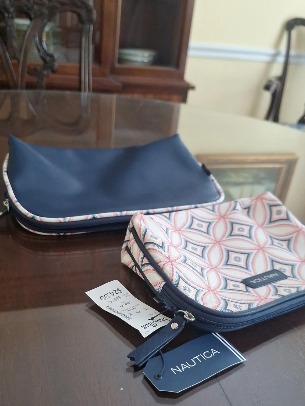 Nautica Navy & Pink/Blue Two Piece Patterned Cosmetic Case Travel Bag Set, NWT