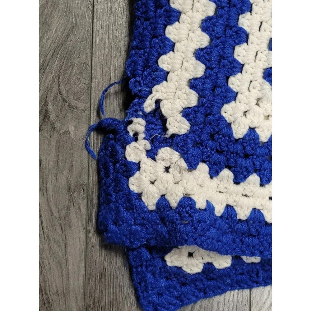 Handmade Crocheted Blanket Throw Granny Square Pattern Blue White Approx 60 x 58