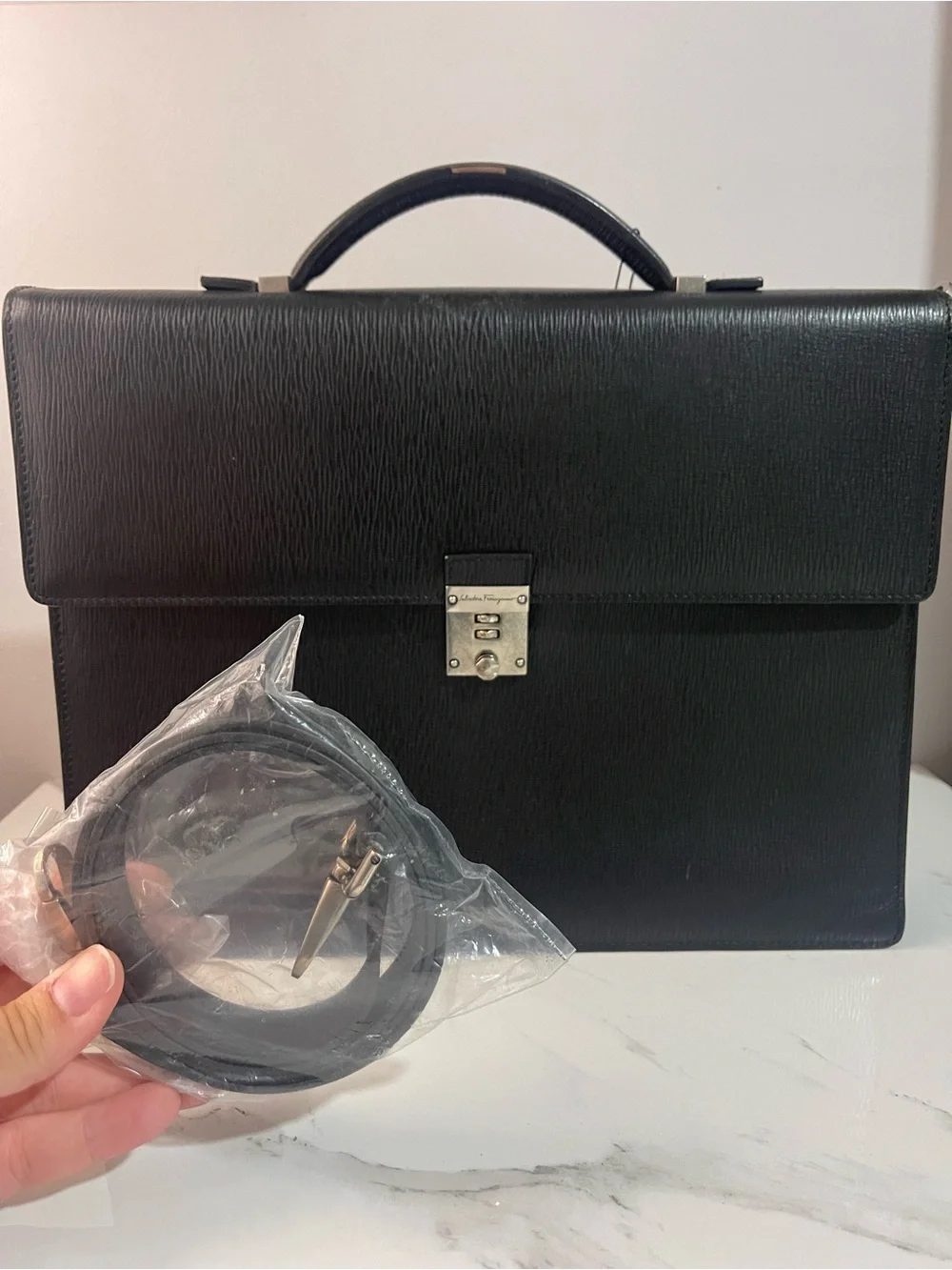 Salvatore Ferragamo Black Textured Leather Briefcase with Silver Hardware
