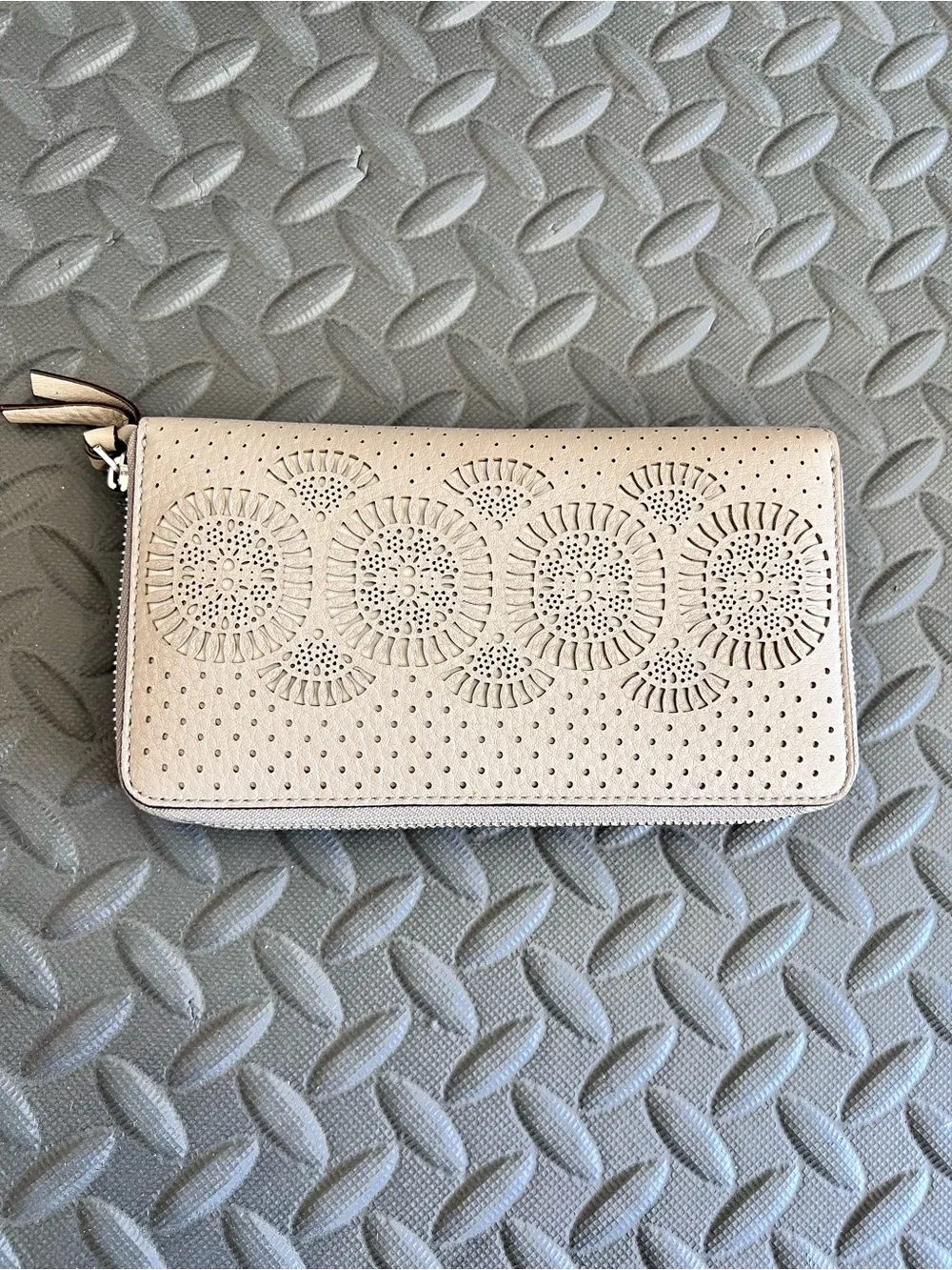 Tory Burch Zoey Perforated Laser Cut Zip Around Wallet French Grey Leather