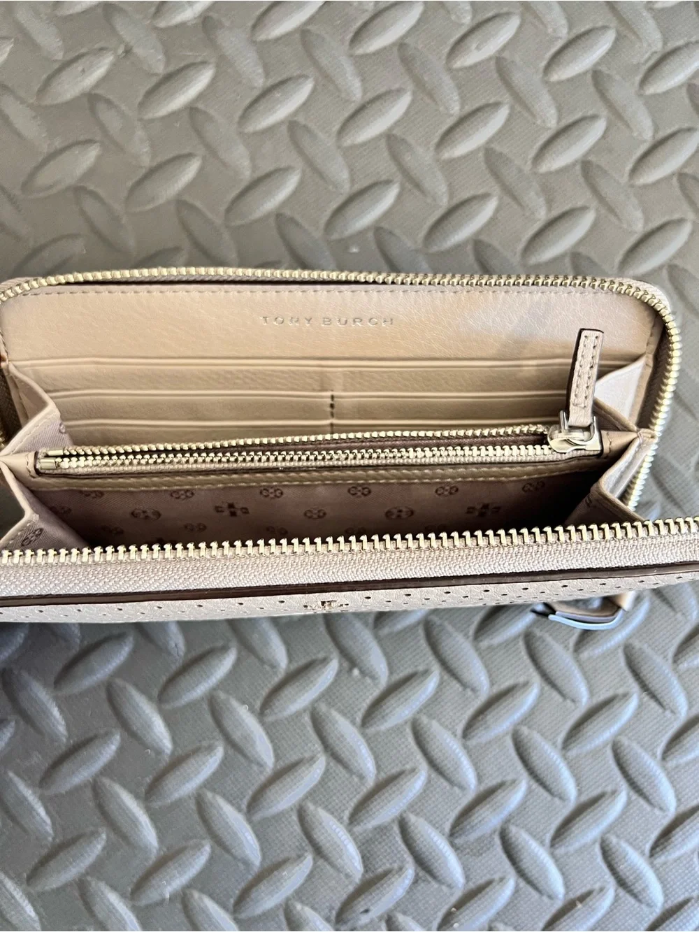 Tory Burch Zoey Perforated Laser Cut Zip Around Wallet French Grey Leather
