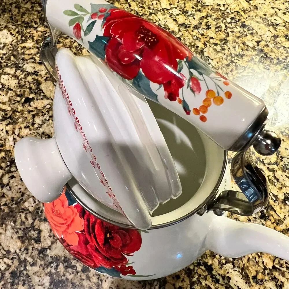 The Pioneer Woman Cheerful Rose Enamel on Steel 1.9 Quart Tea Kettle