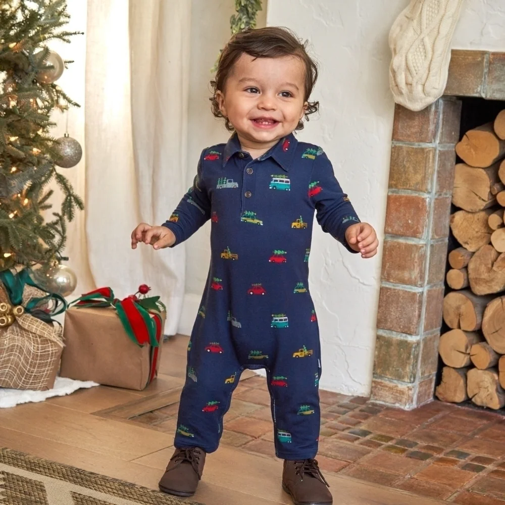 Little Sleepies Play Blue Polo Romper In Tree Traffic Print