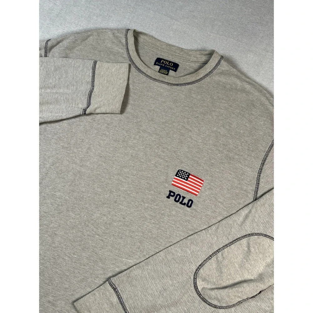 Polo Ralph Lauren‎ Shirt Men 2XL Thermal US Flag Elbow Patch Long Sleeve Gray