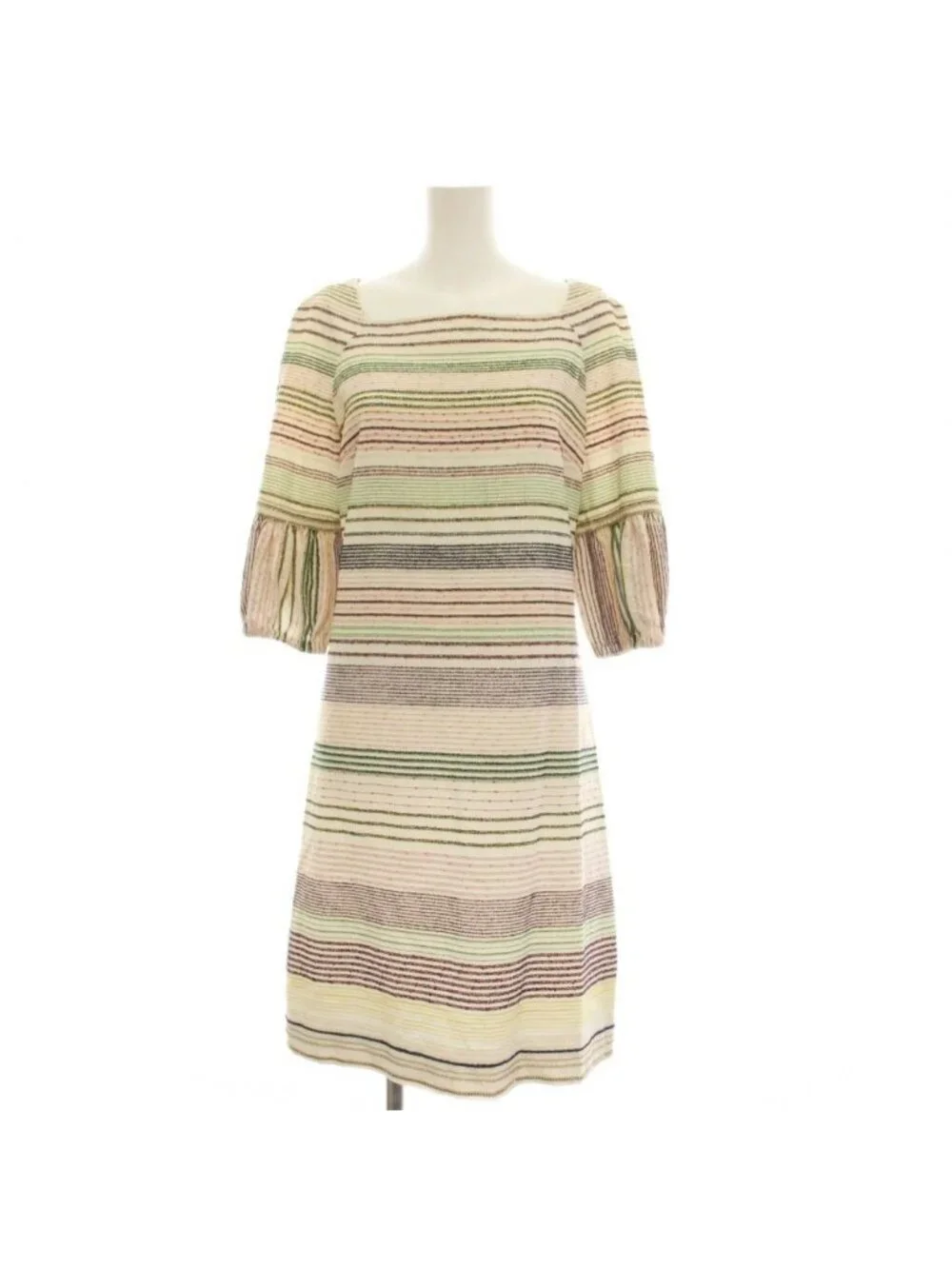 Chanel Dress Knee Length Half Sleeve Border Pattern Wool Nylon 36 White