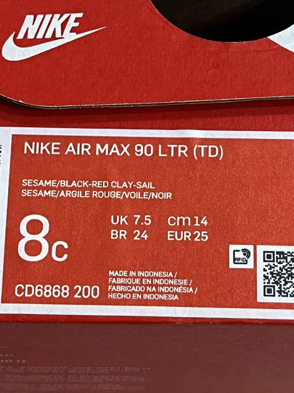 NIKE Air Max 90 Toddler Boy's Size 8C Sesame Red Black Boxed Sneakers CD6868-200