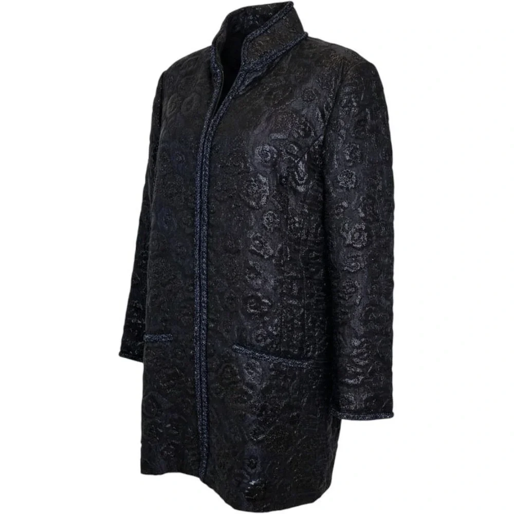 Chanel Black Blue Floral Jacquard Longline Jacket Camellia CC Logo FR50 US 16 18