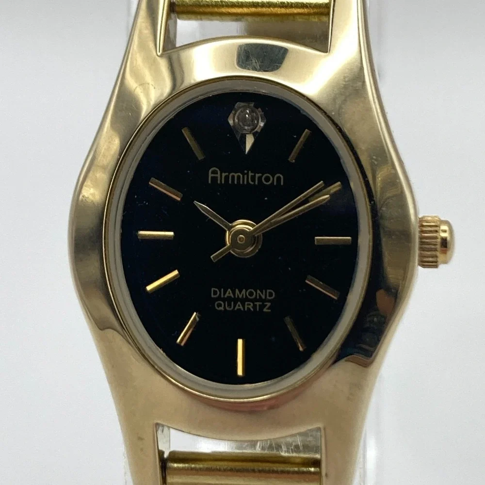 Vintage Armitron Women's Watch Gold Tone Diamond Stretch Band New Battery 6.75