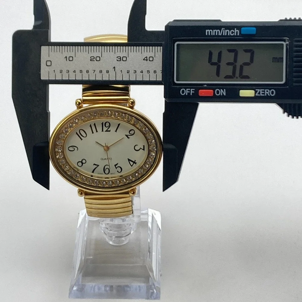 Women's Easy Reader Watch Gold Tone Crystals 43mm Wide Stretch Band New Battery
