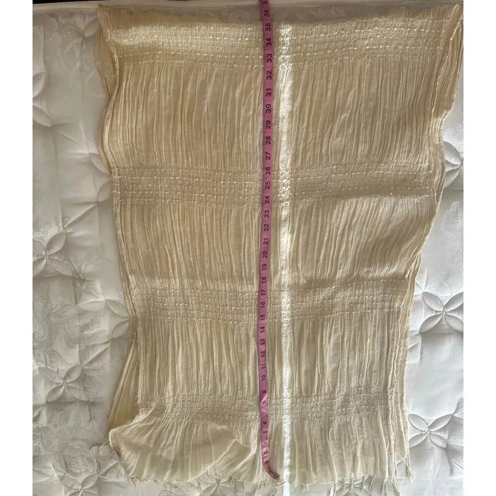 Ivory Crinkle Smocked Shawl Wrap | Fringed Textured Scarf