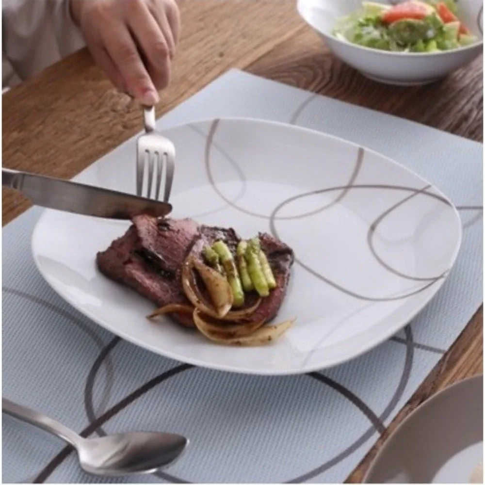 VEWEET Nikita 20-Piece Porcelain Dinnerware Set Ivory White Brown Lines Set NIB