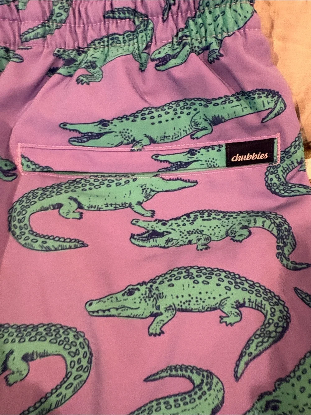 Chubbies Purple Swim Shorts with Teal Alligator Print