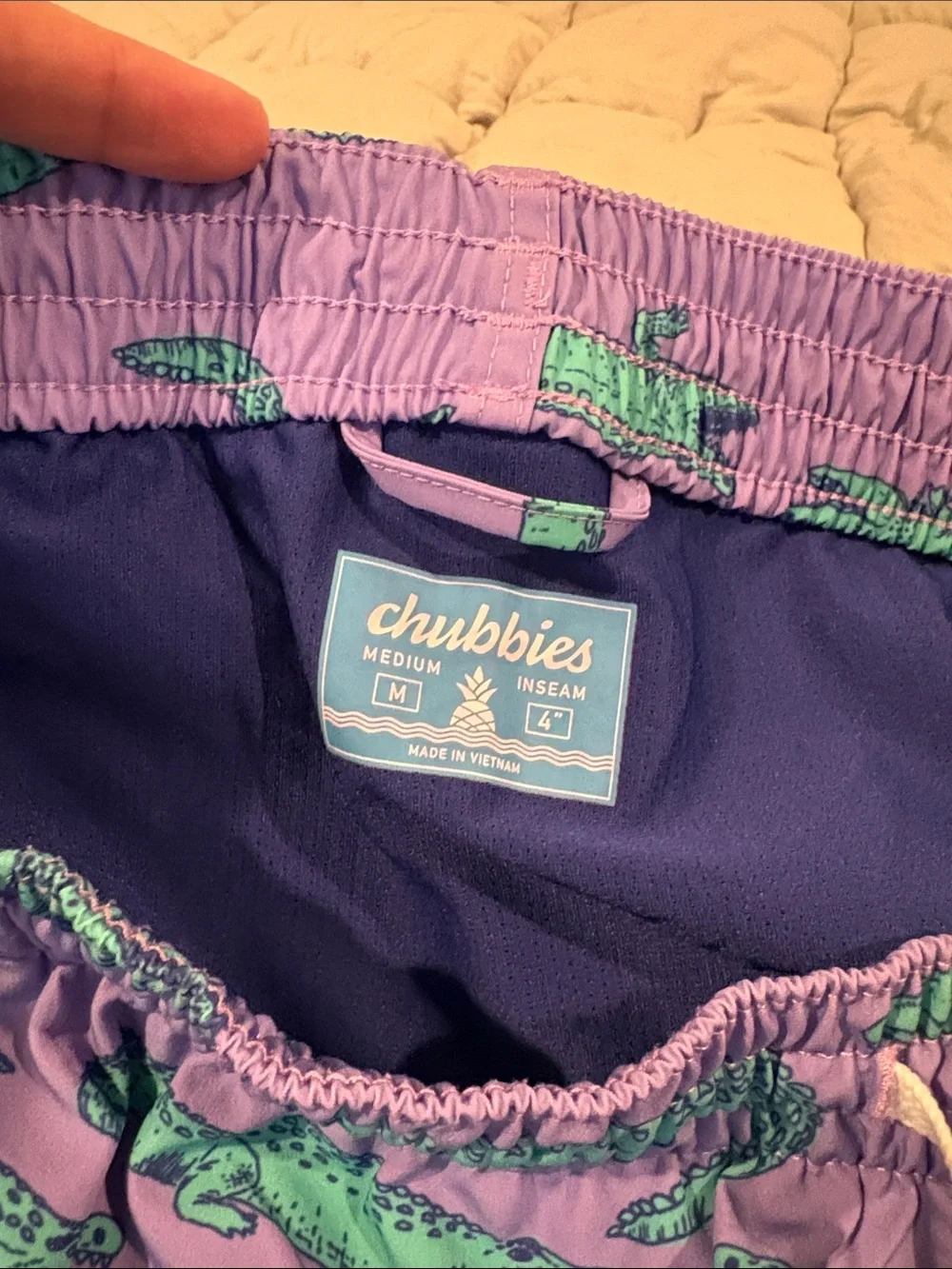 Chubbies Purple Swim Shorts with Teal Alligator Print