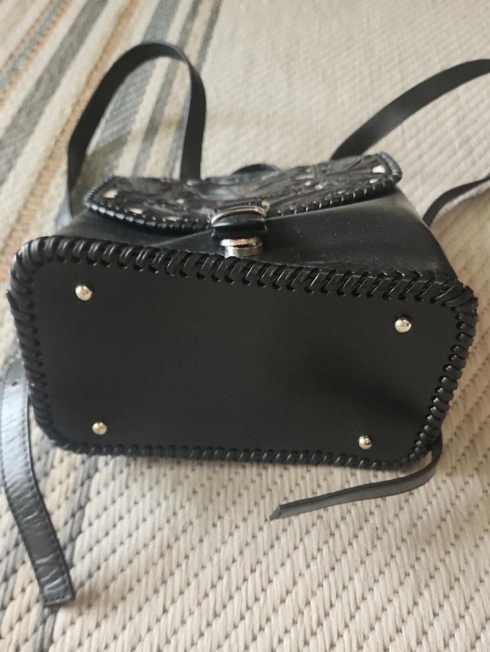 Black Leather Mini Backpack with Floral Cutout Flap