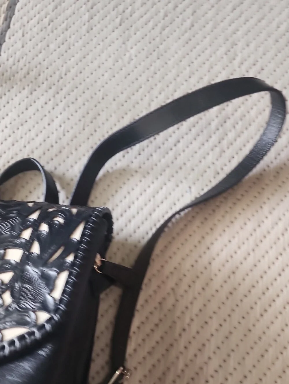 Black Leather Mini Backpack with Floral Cutout Flap