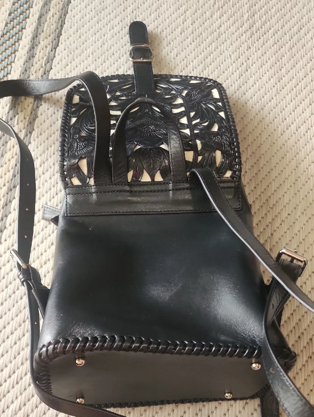 Black Leather Mini Backpack with Floral Cutout Flap