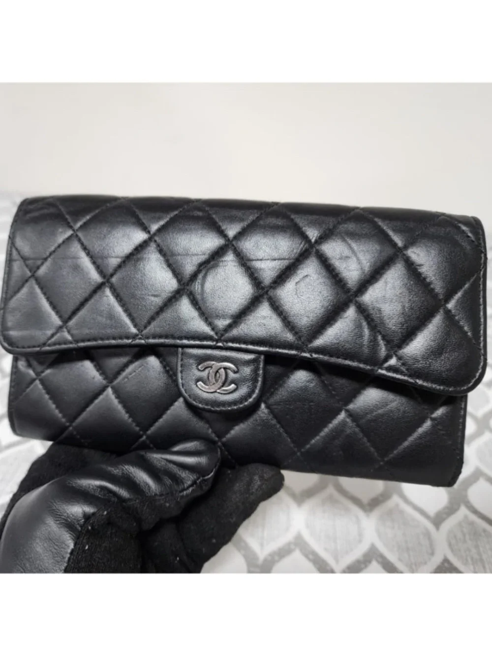 Authentic CHANEL Lambskin Quilted Large Flap Wallet Black