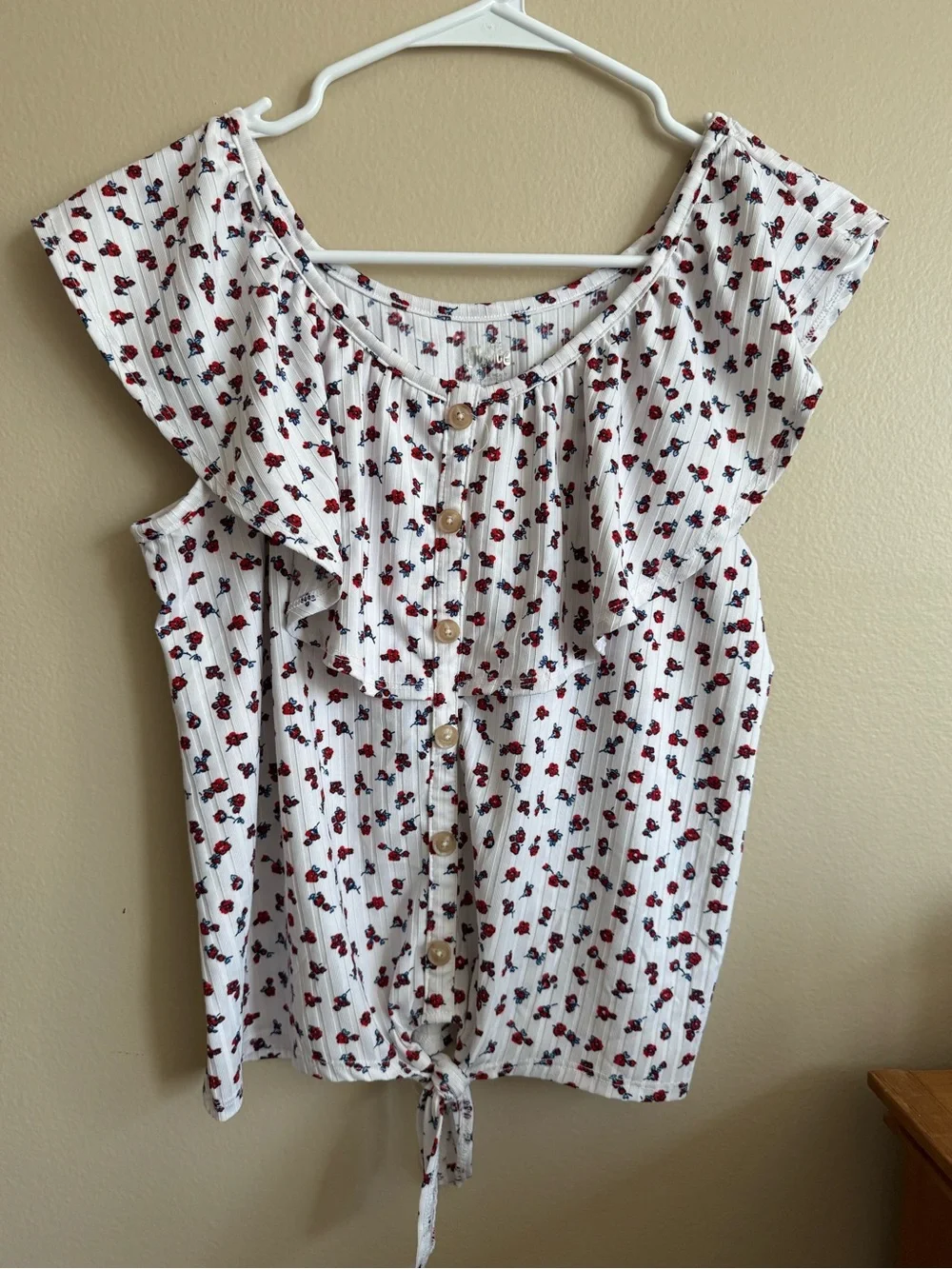 Justice Floral Tie Front Blouse Girls XL 16/18 White Ribbed Flutter Sleeve Top