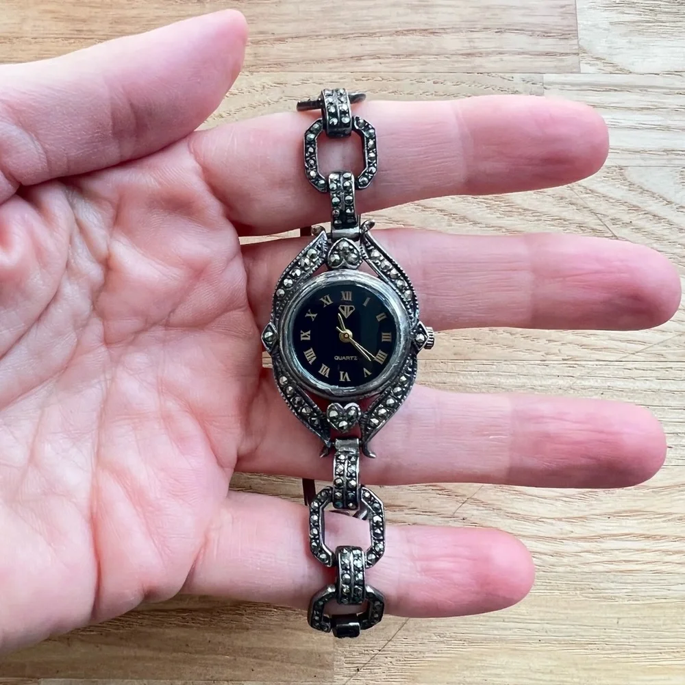 Vintage Sterling silver marcasite Art Deco ladies cocktail watch NEW BATTERY