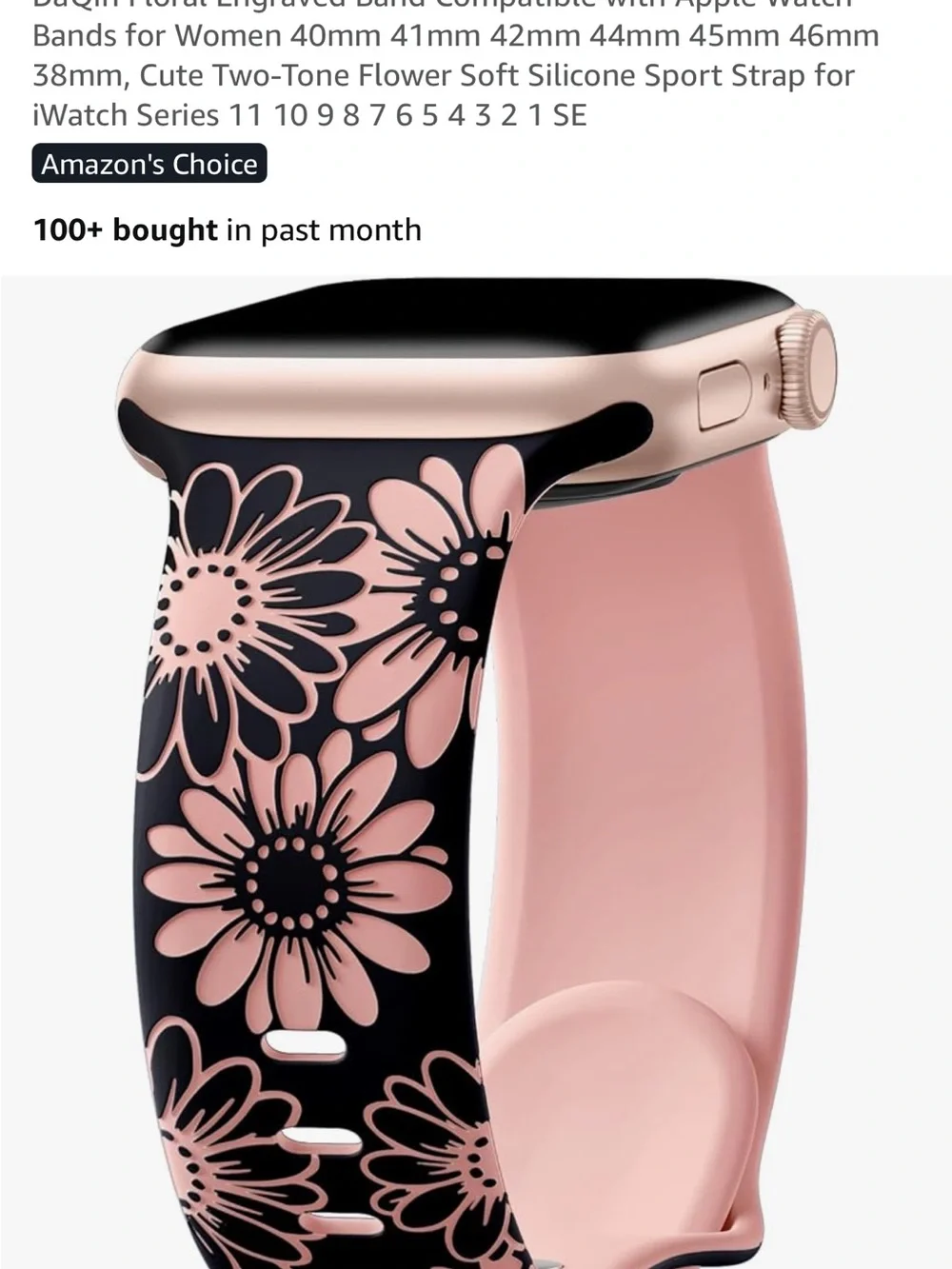 Floral Silicone Apple Watch Band - Black with Pink Flowers