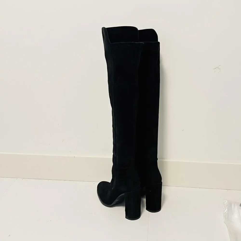Stuart Weitzman Boots Womens 6 Black Suede Thigh High Over Knee Zip Block Heel