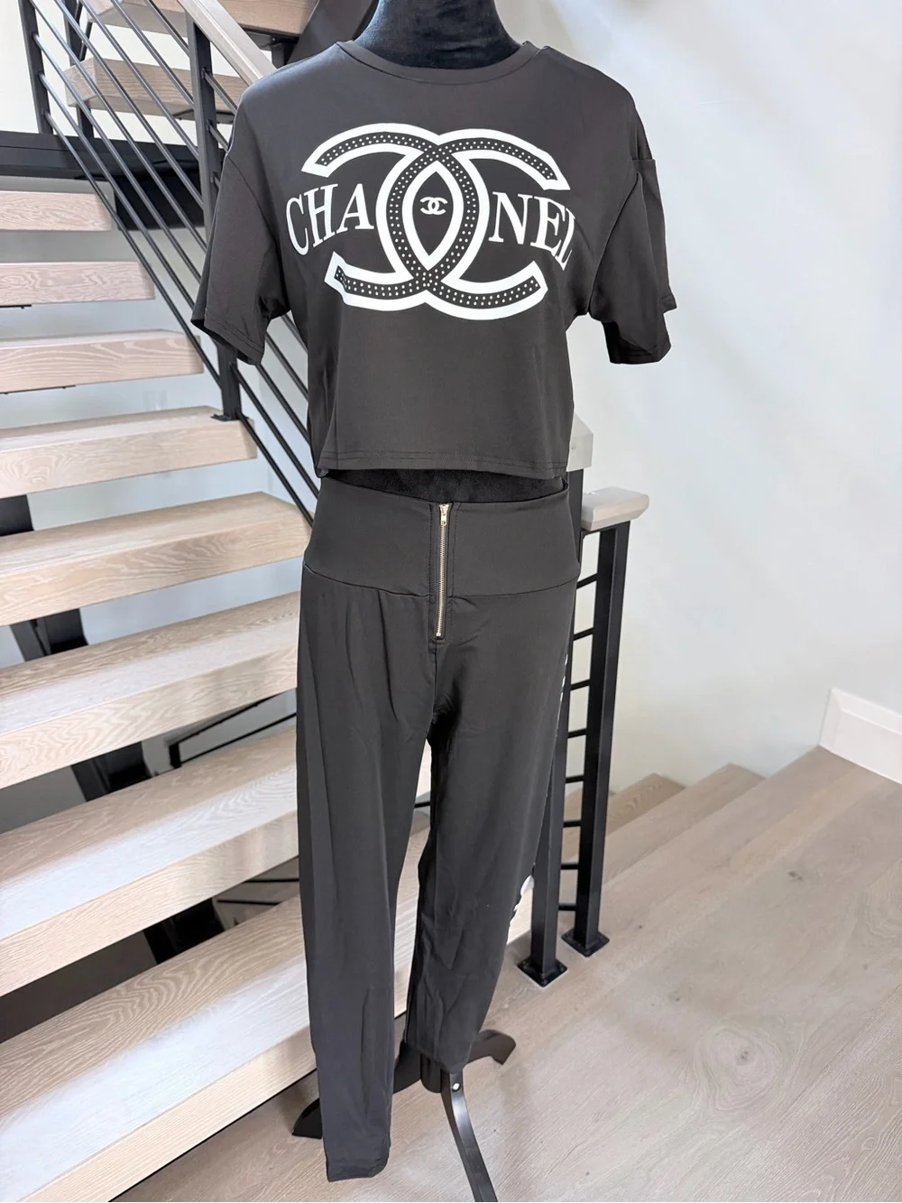 Chanel Black Logo Cropped Top & High-Waist Pants Set size L