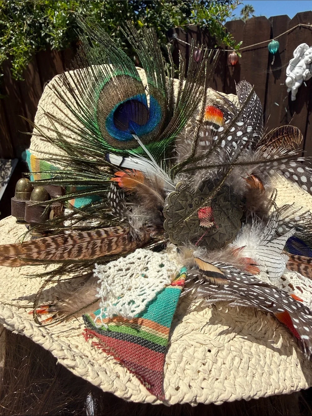 Custom straw cowboy hat w Peacock,feathers leather ,vintage cloth, card sheriff