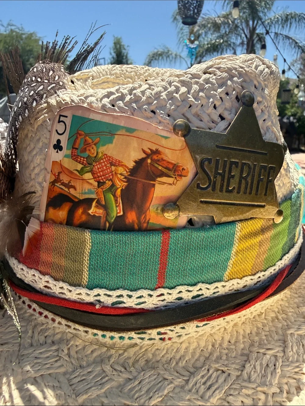 Custom straw cowboy hat w Peacock,feathers leather ,vintage cloth, card sheriff
