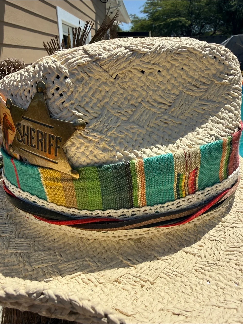Custom straw cowboy hat w Peacock,feathers leather ,vintage cloth, card sheriff