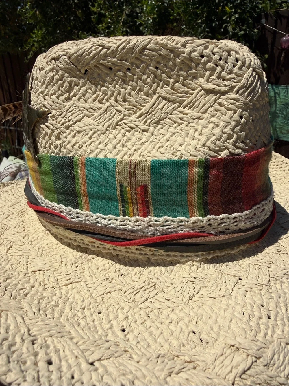 Custom straw cowboy hat w Peacock,feathers leather ,vintage cloth, card sheriff